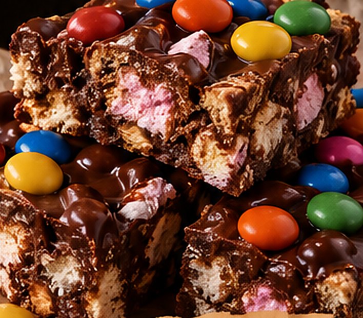Stacked rocky road squares with colourful sweets